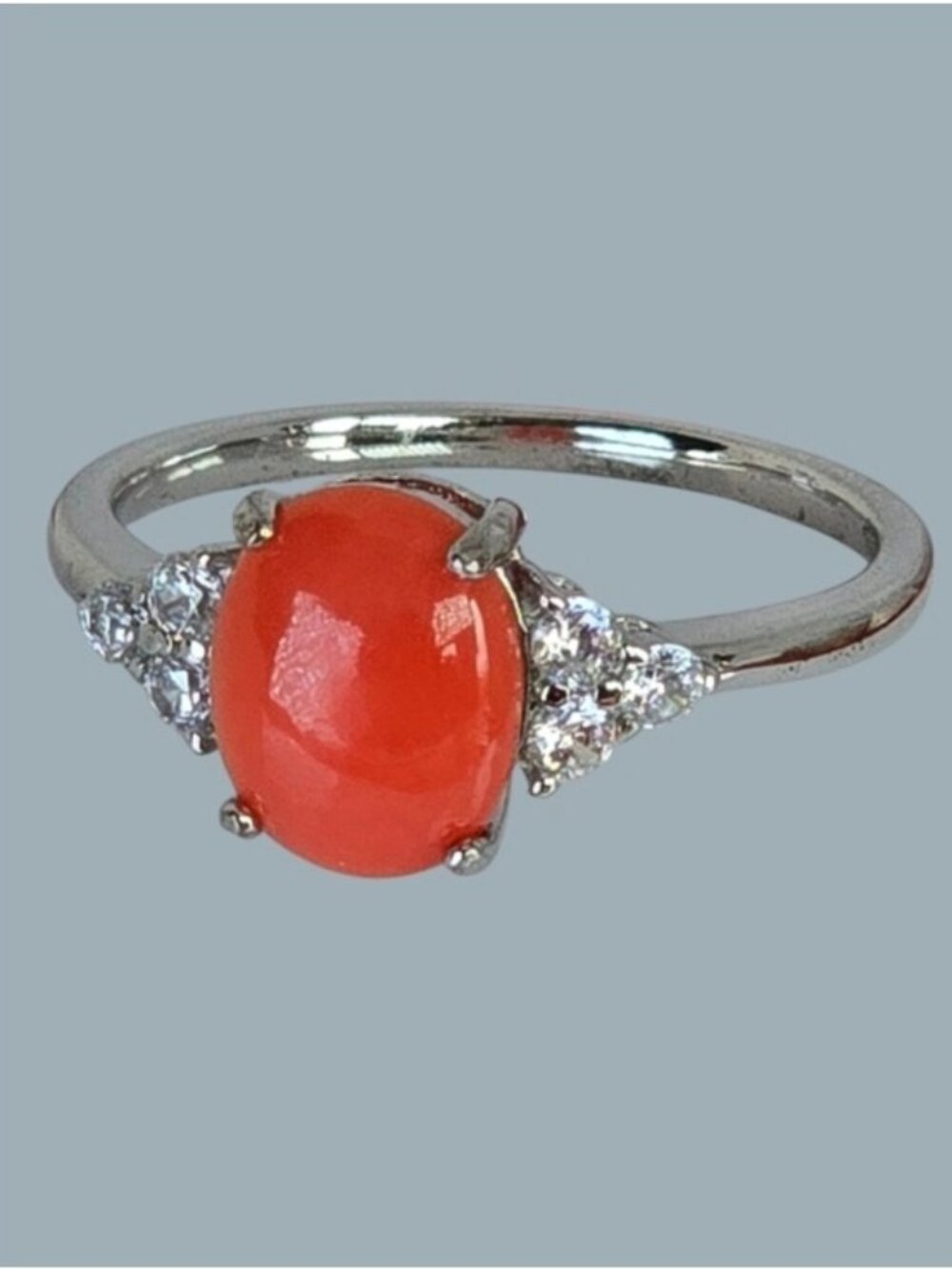 925 Sterling Silver Ring with Natural Red Coral & CZ